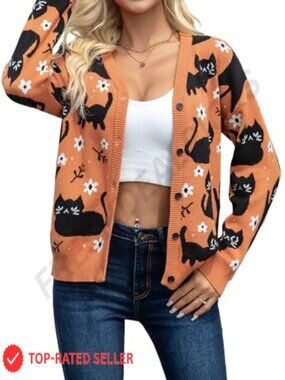 Cat Cardigan Button Down V Neck Long Sleeve Soft Knit Sweater Women